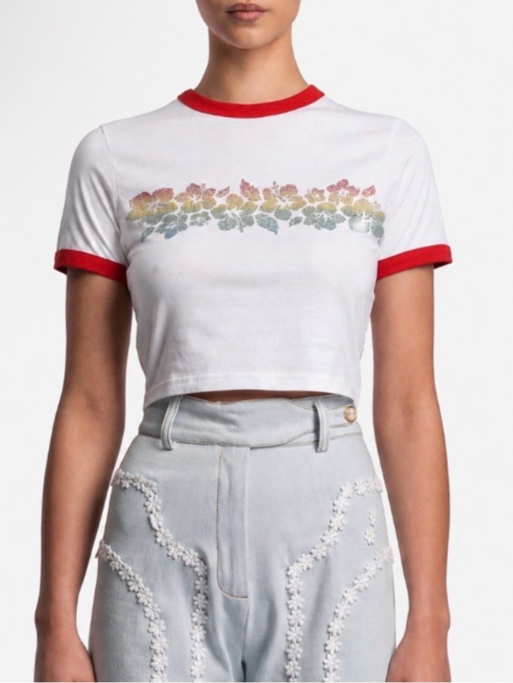 Amanda Uprichard White Crop Ringer Tee with Red Trim and rhinestone Floral Print
